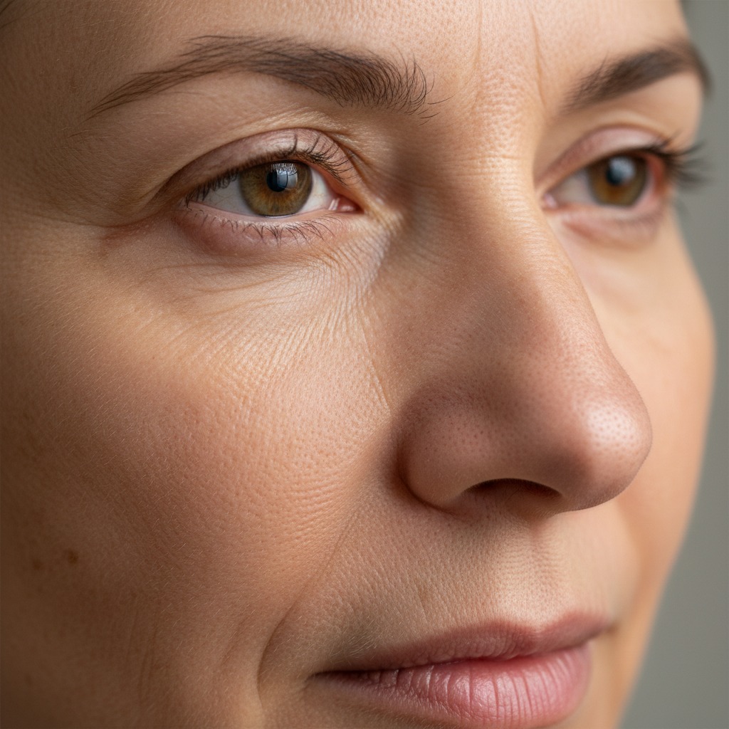 Primer plano del rostro de una mujer que muestra líneas de expresión y arrugas alrededor de los ojos.