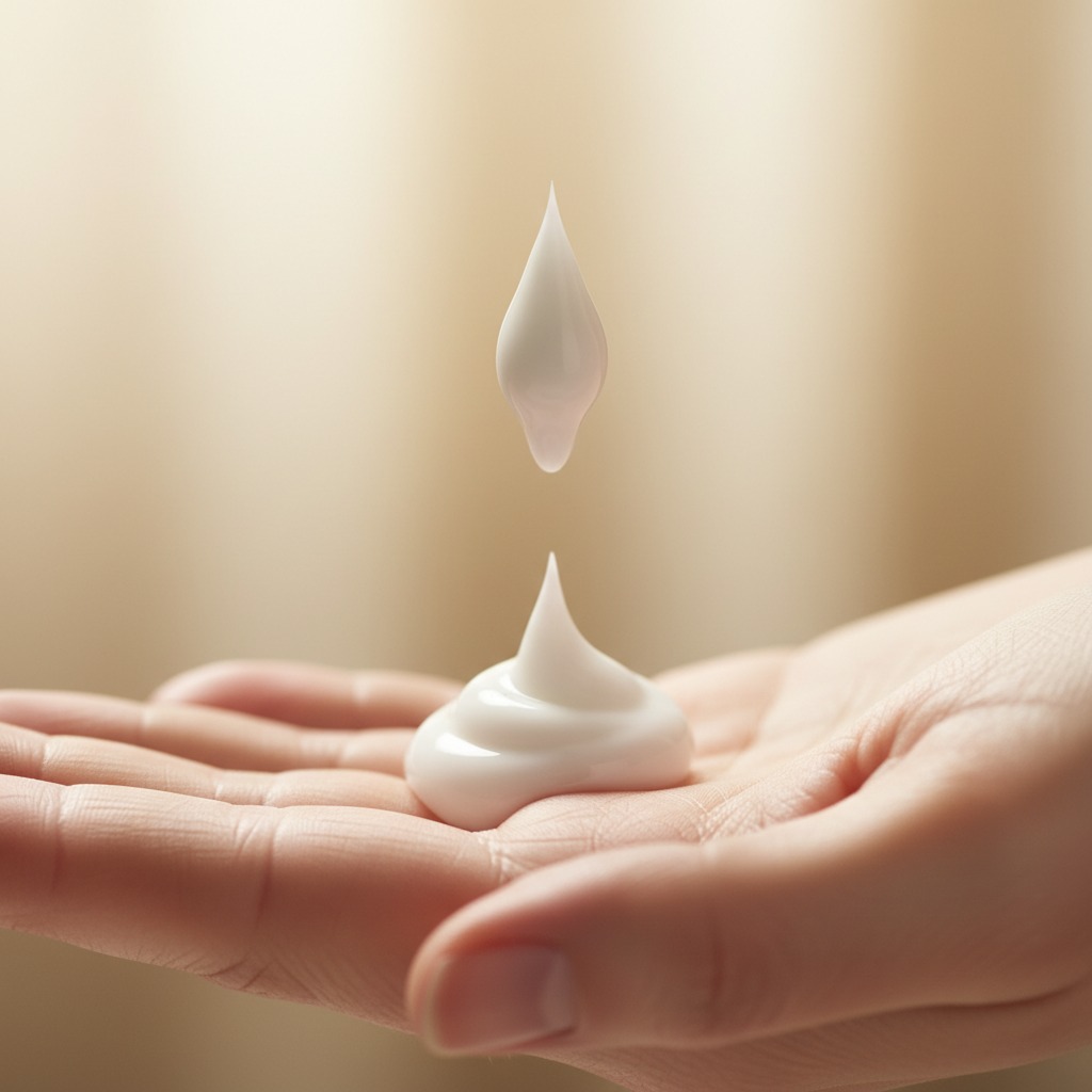 Una gota de crema blanca cae sobre la palma de una mano abierta.