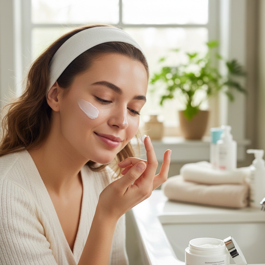 Una mujer con una cinta en el pelo se aplica crema facial en la mejilla frente al espejo del baño.
